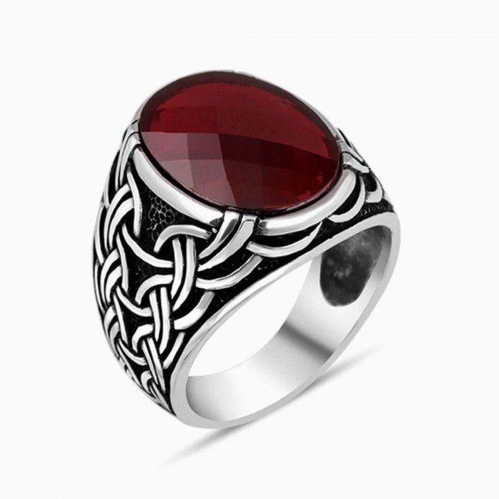 Sterling Silver Mens Ring  red zircon stone ring